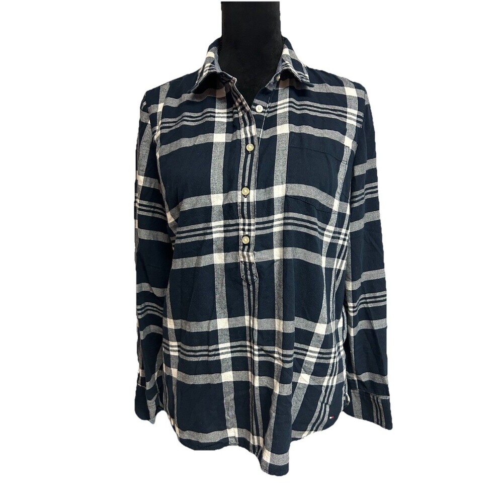 TOMMY HILFIGER Size M Womens Top 100% Cotton 1/2 Button Up Roll Tab Sleeve